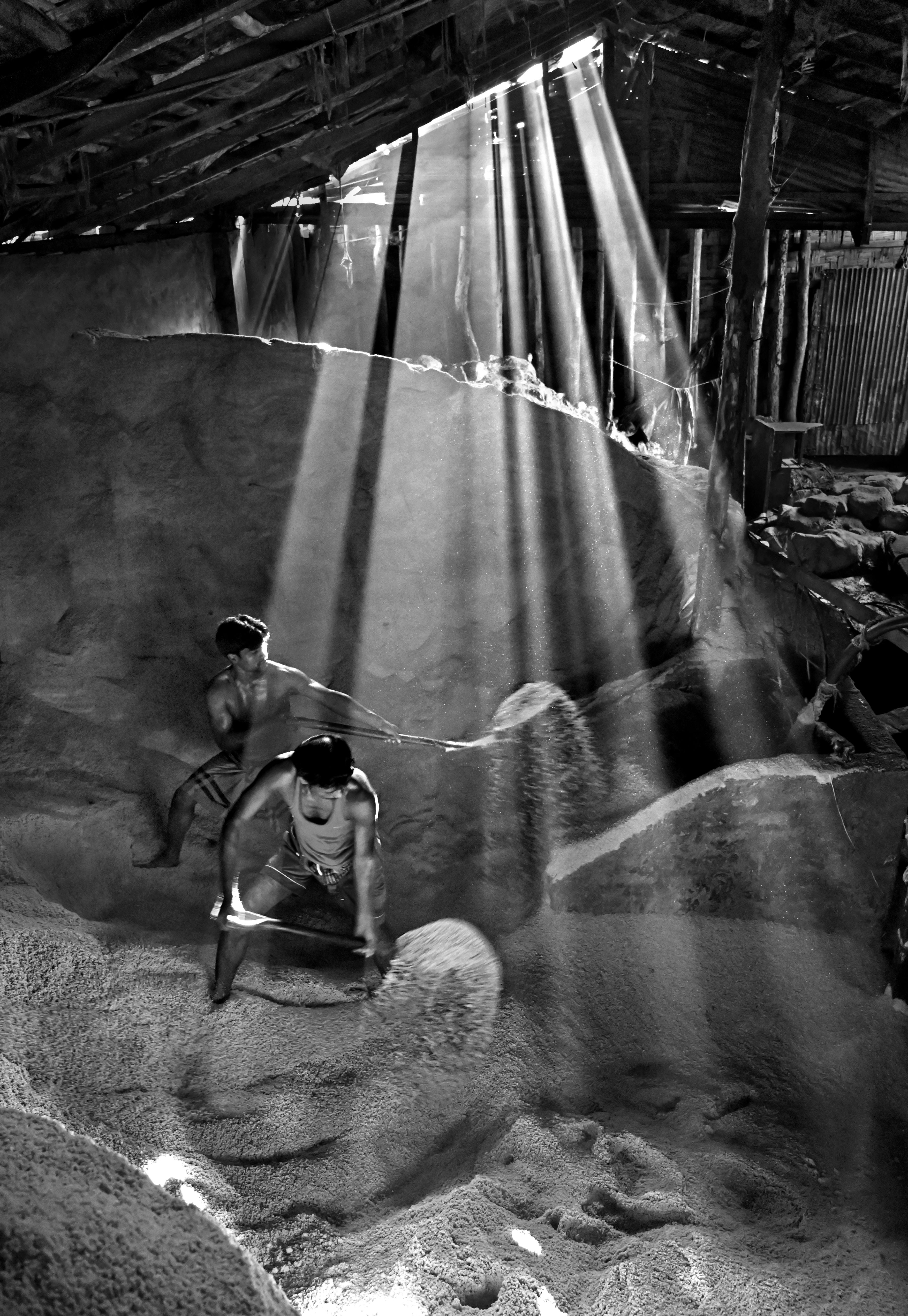 Captivating black and white photo of workers shoveling salt with sunlight streaming in.