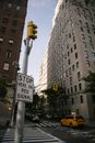 Traffic light on city street near contemporary buildings