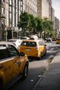 Modern yellow cabs riding on asphalt road in downtown
