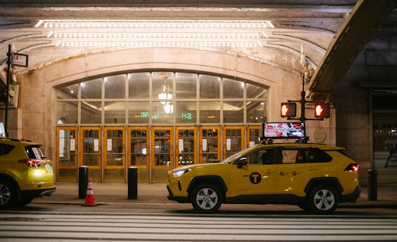 A yellow taxi cab parked outside a well-lit building entrance at night in an urban setting.