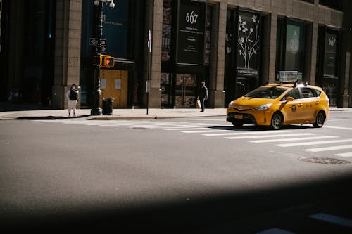 Yellow cab near zebra crossing and traffic light located against building with stores on street in city on sunny day