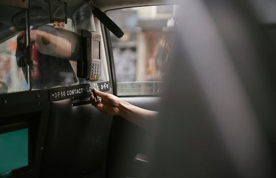 A passenger makes a payment using a card in a taxi with a handheld payment terminal.
