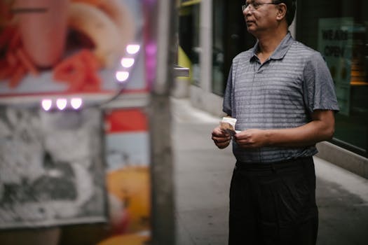 Crop male customer with banknotes in eyeglasses making choice at food truck on street