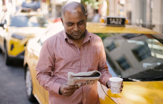Man reading newspaper while holding coffee by yellow taxi in urban setting.