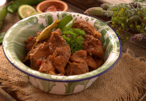 Cooked Food on Blue and White Ceramic Bowl