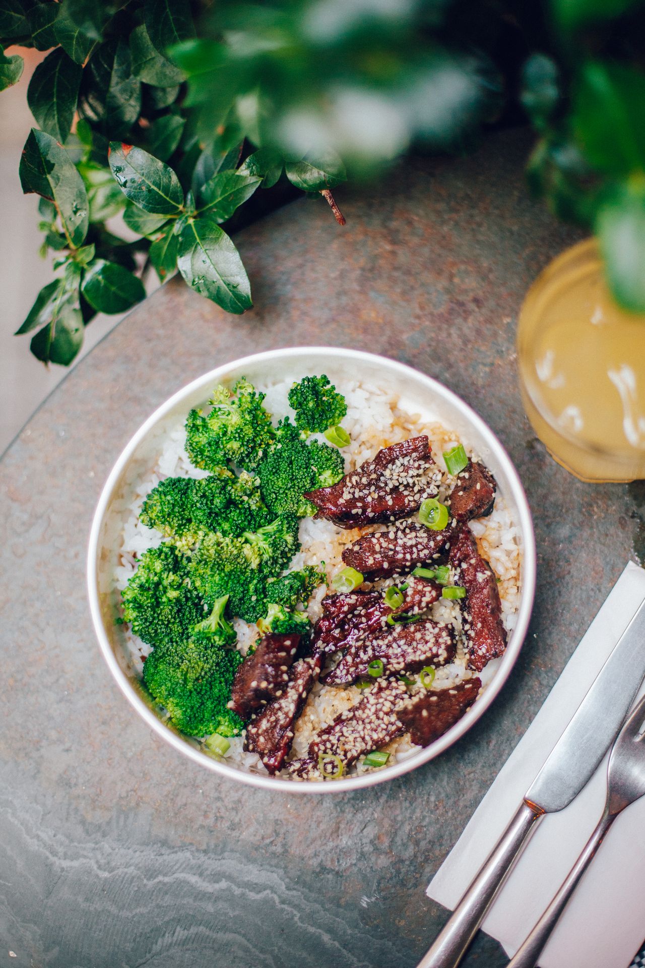 Bowl of glazed beef and vegetables served over rice, Japanese style
