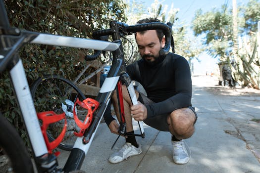 Man fixing a road bike on a sunny day, showcasing active lifestyle and cycling maintenance.