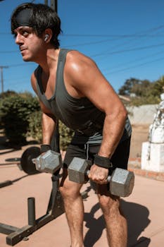 Athletic man engaging in outdoor dumbbell workout under blue sky.