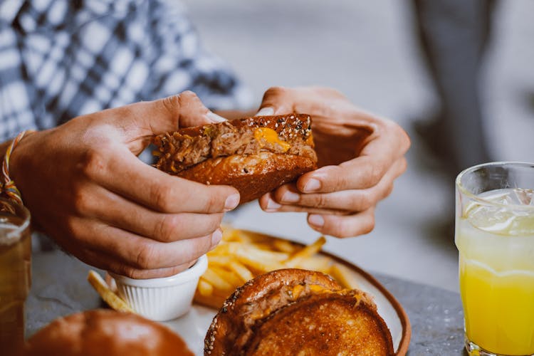 A Person Holding A Toasted Sandwich With Fillings