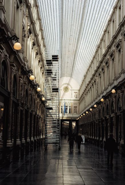 Stunning view of a classic Brussels arcade showcasing architectural symmetry and elegant lighting.