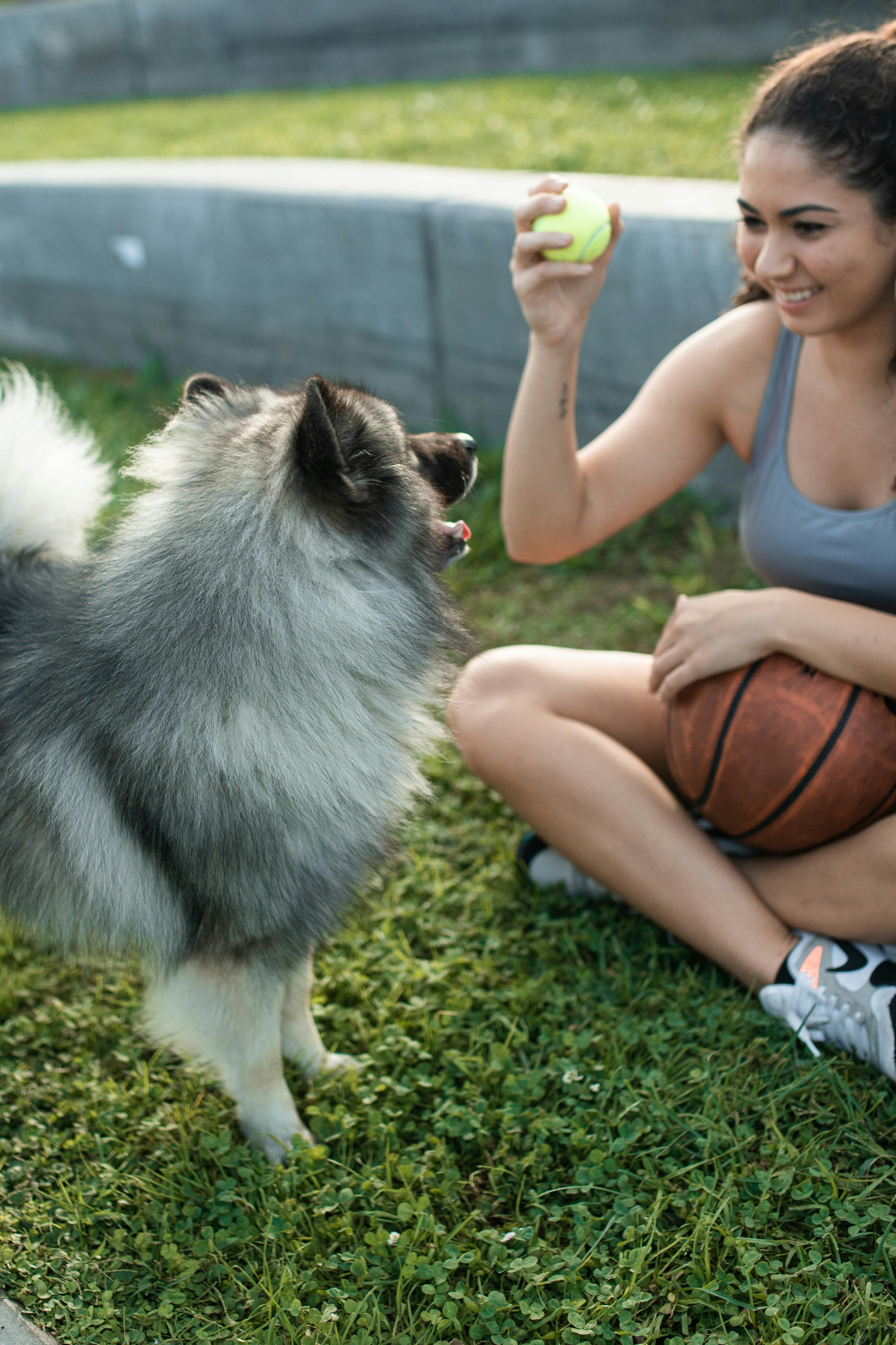 a woman sitting on the grass while playing with a pet dog