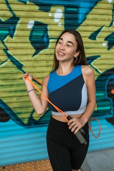 Cheerful woman exercising outdoors with jump rope in vibrant sportswear.