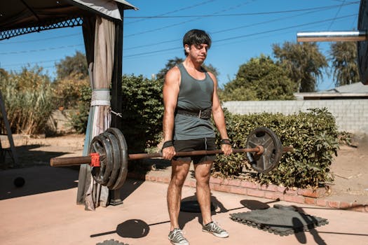 An adult man lifting a barbell outdoors, showcasing strength and fitness.