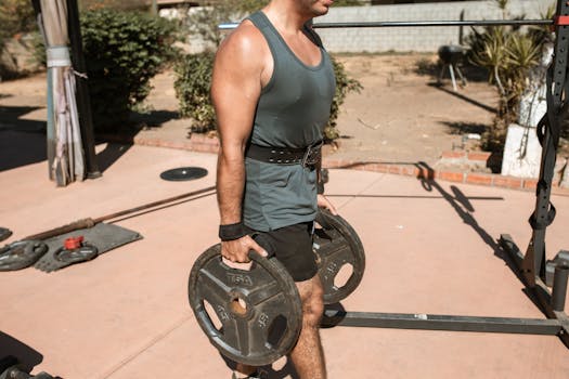 Man lifting heavy weights in an outdoor gym setting under bright sunlight.