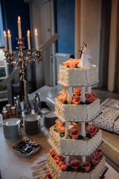 Three-tier wedding cake adorned with pink roses and figurines, set for a wedding reception.