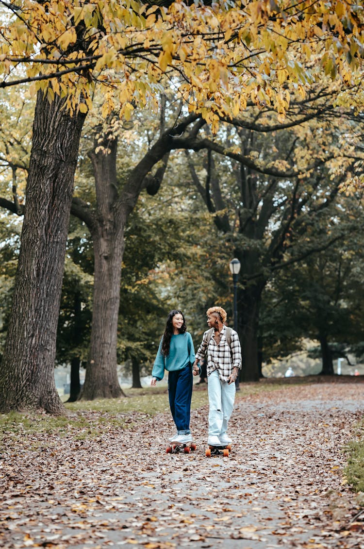 Cheerful Diverse Same Sex Couple Enjoying Ride On Longboards