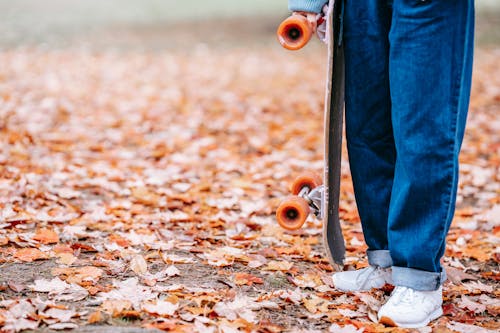 Crop anonymous person in denim and sneakers standing with skateboard on ground covered with fallen leaves