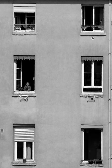 Monochrome view of apartment windows with a person looking out, minimalistic design.