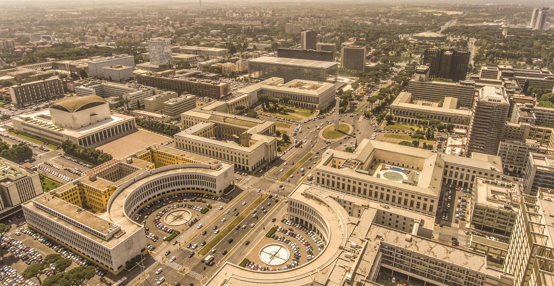 Stunning aerial view of the EUR district in Rome, showcasing modern architecture and urban design.