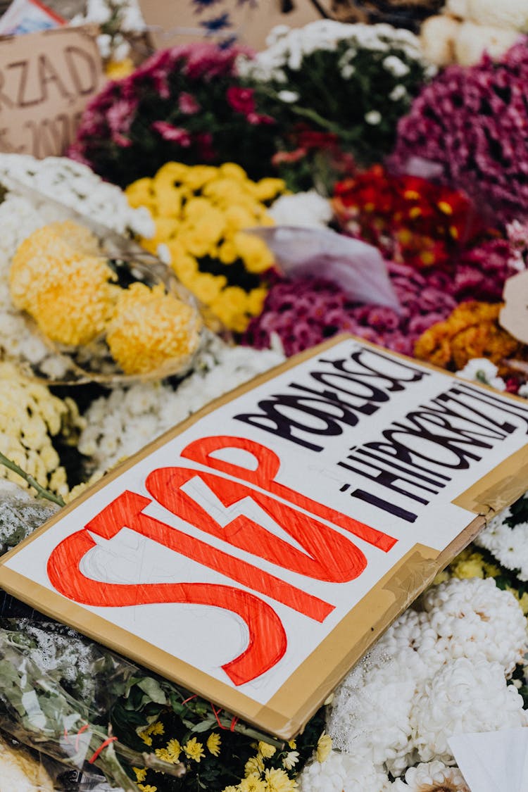 Cardboard Protest Sign And Flowers