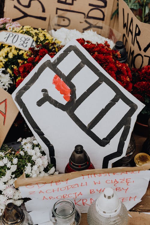 Free Cardboard Protester Signs with One with Fist in Middle Stock Photo