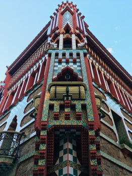 Detailed architectural view of Casa Vicens, a Gaudí masterpiece in Barcelona, showcasing intricate designs and colorful tiles.