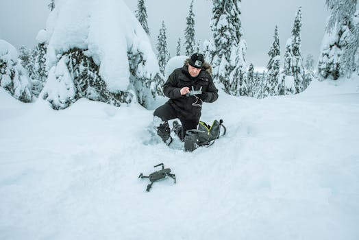 Man operating a drone in snow-covered Lapland forest, Finland, with winter gear.