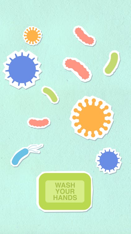 Free Paper cutout of Wash Your Hands reminder for preventing disease on blue background with contagious types of viruses and microorganisms Stock Photo