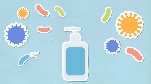 Paper cutout of medical antiseptic for health care on blue background with various types of viruses during dangerous disease outbreak