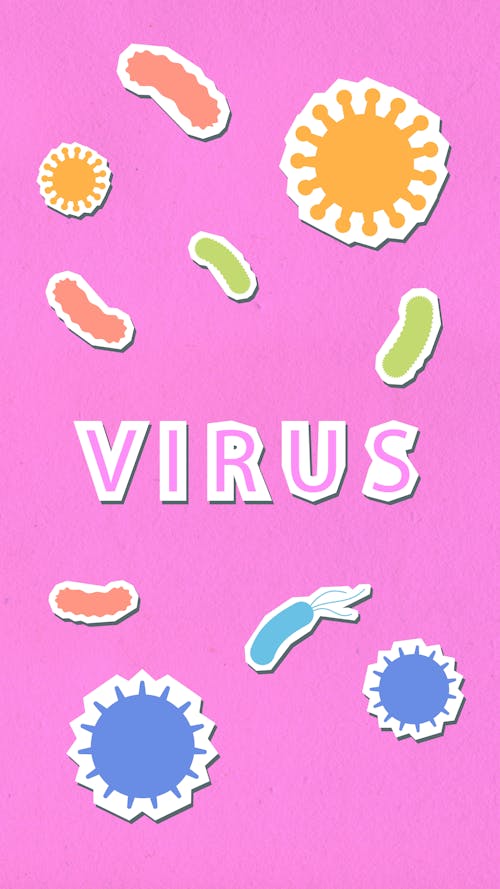 Free Paper cutout of Virus word on pink background with various colorful contagious elements dangerous for health during spreading of coronavirus pandemic Stock Photo