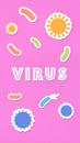 Paper cutout of Virus word on pink background with various colorful contagious elements dangerous for health during spreading of coronavirus pandemic