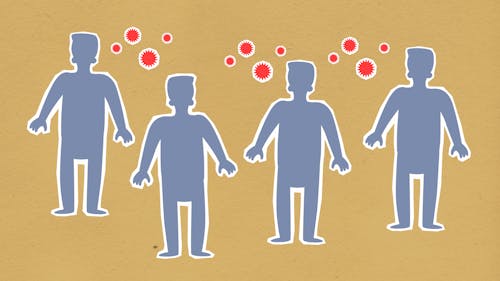 Paper cutout of men surrounded with viruses