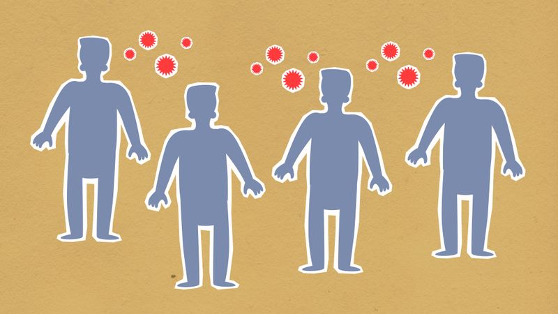 Silhueta de recorte de papel de homens colocados juntos cercados por vírus vermelhos contagiosos se espalhando em fundo marrom durante surto perigoso de coronavírus