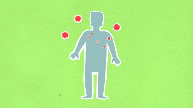Paper cutout of male silhouette surrounded with many spreading contagious red viruses on green background during dangerous coronavirus disease outbreak