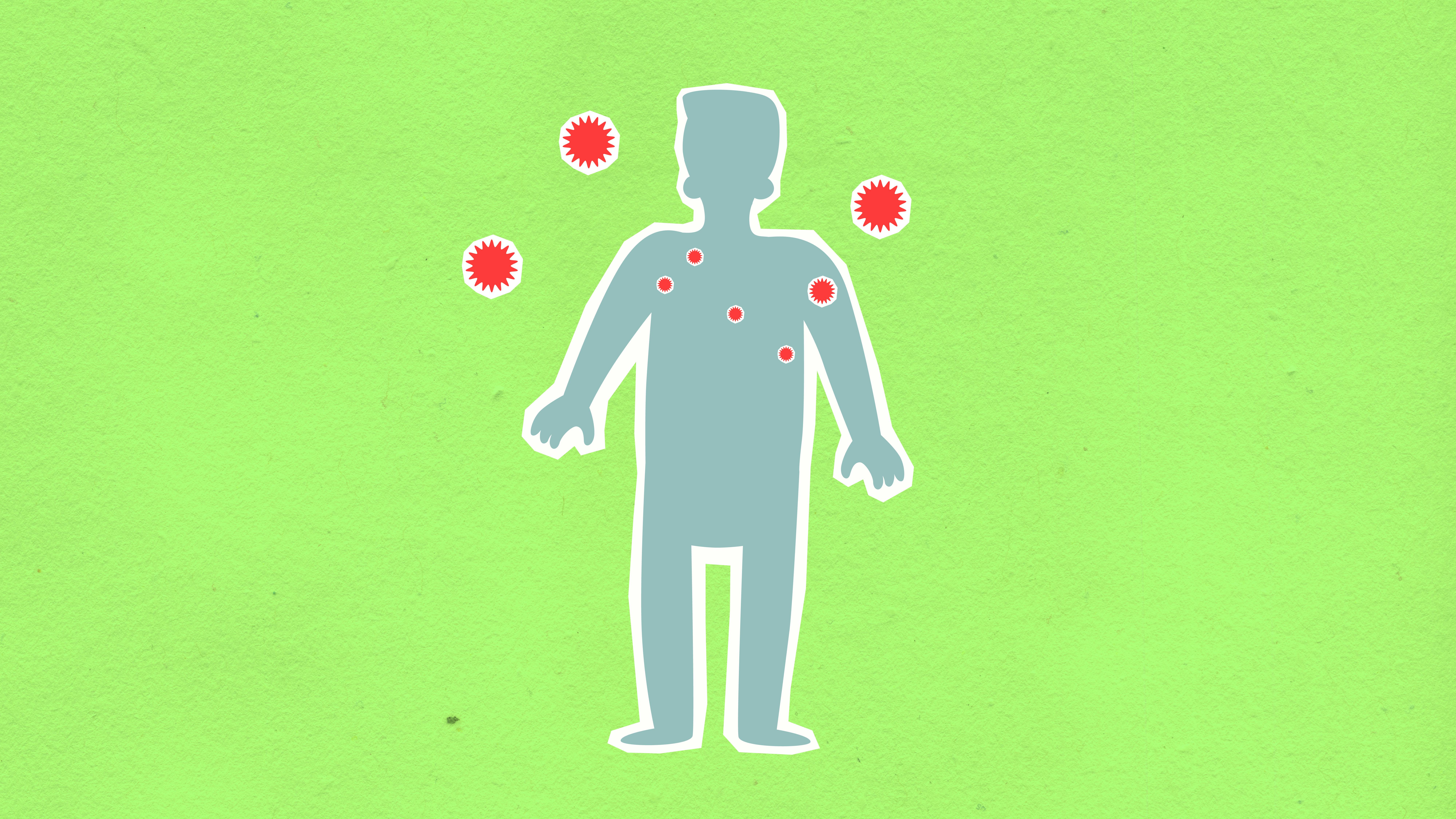 Conceptual illustration depicting viral infection symptoms on a human silhouette.