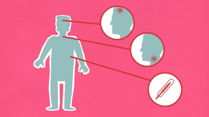 Apliques de papelão de pessoa e ilustrações em forma de círculo com bactérias representando áreas vulneráveis do corpo durante a pandemia de COVID-19