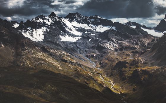 Breathtaking view of snow-capped mountains and valleys in the Austrian Alps under dramatic skies.