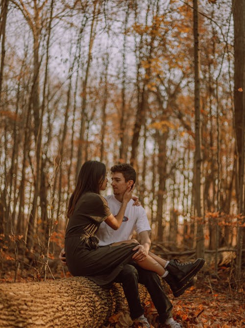 Young loving couple wearing casual outfits sitting on log in autumn woodland and embracing while looking at each other with tenderness