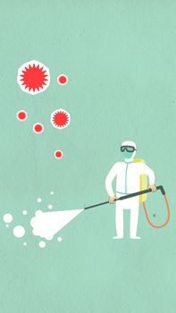 Decorative cardboard applique of cleaning man in protective equipment sanitizing area with viruses during COVID 19 pandemic on green background