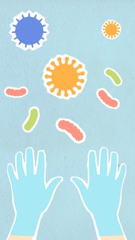 Overhead view of decorative paper appliques of human hands in sterile gloves near microbes on blue background