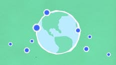 Top view of decorative paper illustration of Earth with round shaped microbes diffusing during COVID 19 pandemic on green background