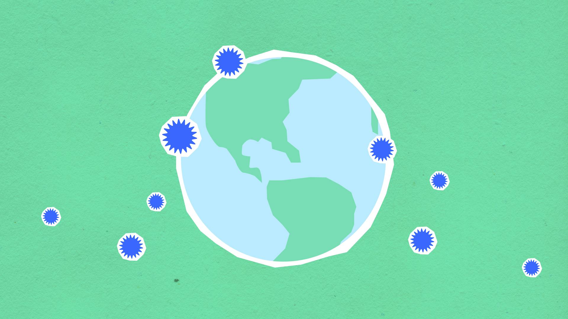 Top view of decorative paper illustration of Earth with round shaped microbes diffusing during COVID 19 pandemic on green background