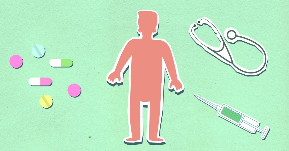 From above of decorative cardboard appliques of person between syringe with stethoscope and medications on green background