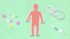 Cutout paper composition of human figure with medical instruments