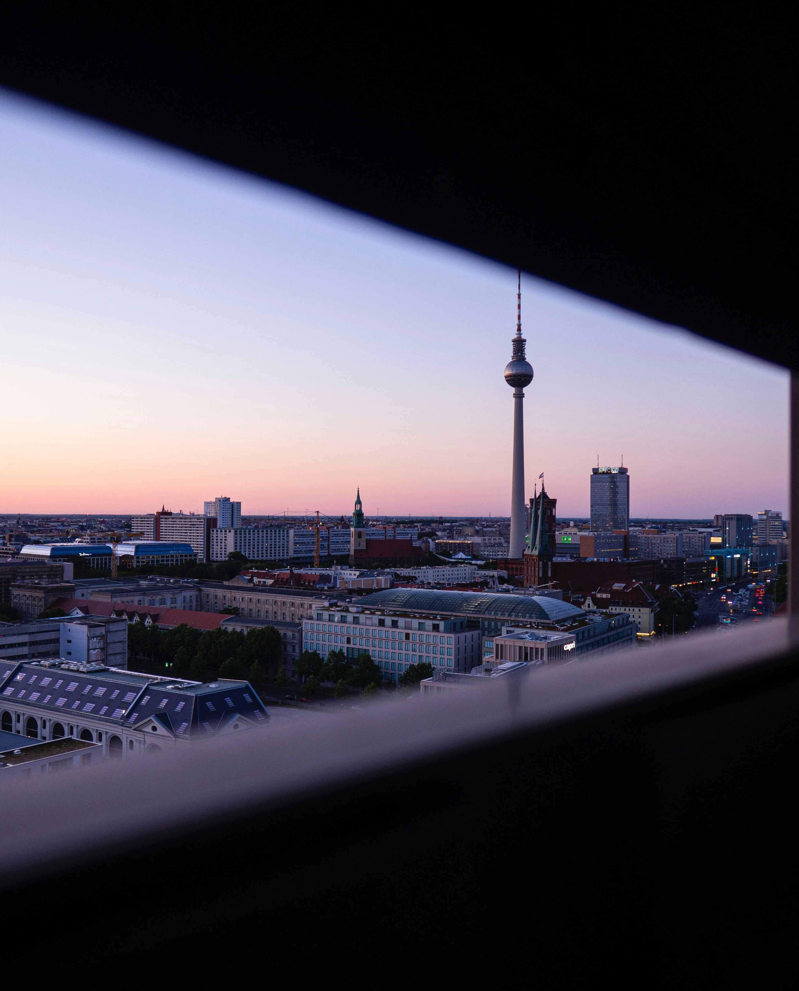 Captured at dusk, this image showcases Berlin's skyline with the iconic TV Tower.