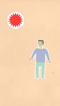 Decorative cardboard appliques of human in sterile mask under infectious bacteria during COVID 19 pandemic on beige background