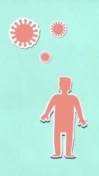 Decorative cardboard appliques of person under dangerous viruses during coronavirus pandemic on green background
