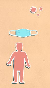 Cutout paper composition of sick human figure under protective mask and infectious bacteria on beige background