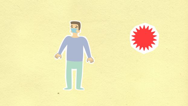 Decorative paper illustration of person in mask and virus