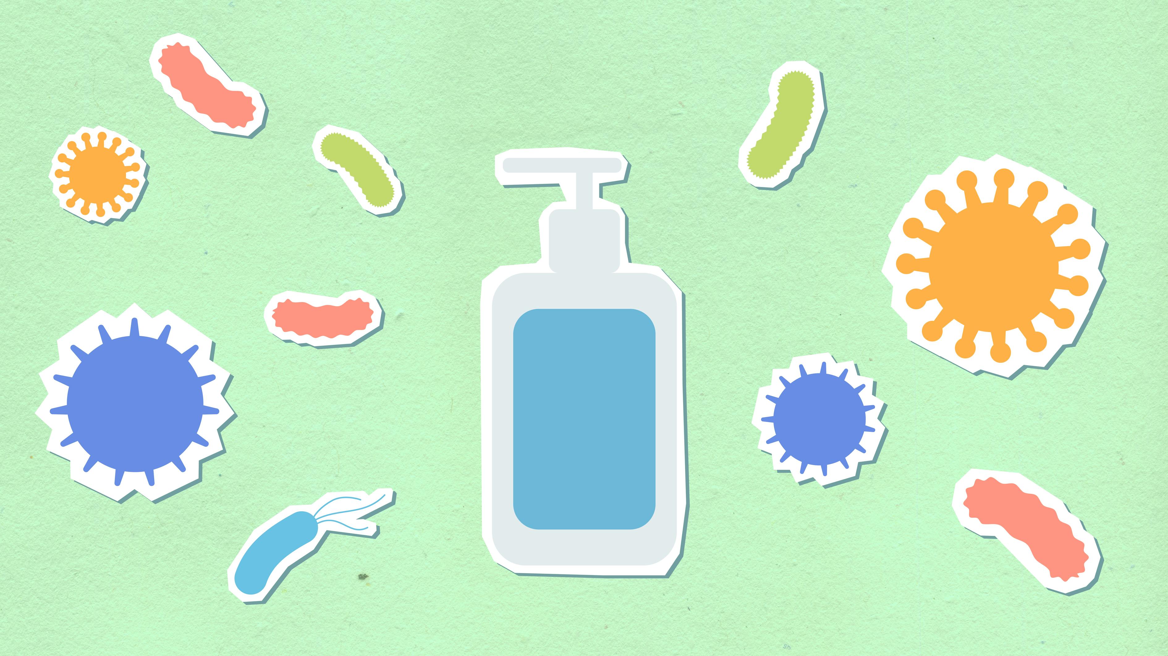 Decorative cardboard illustration of antiseptic gel between viruses and bacteria during coronavirus pandemic on green background
